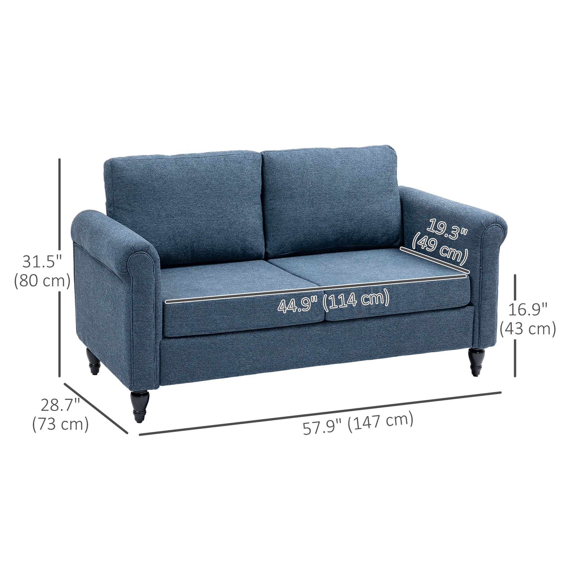 Loveseat Sofa - Dark Blue Rolled Arms 57.9"-DECOROLALA