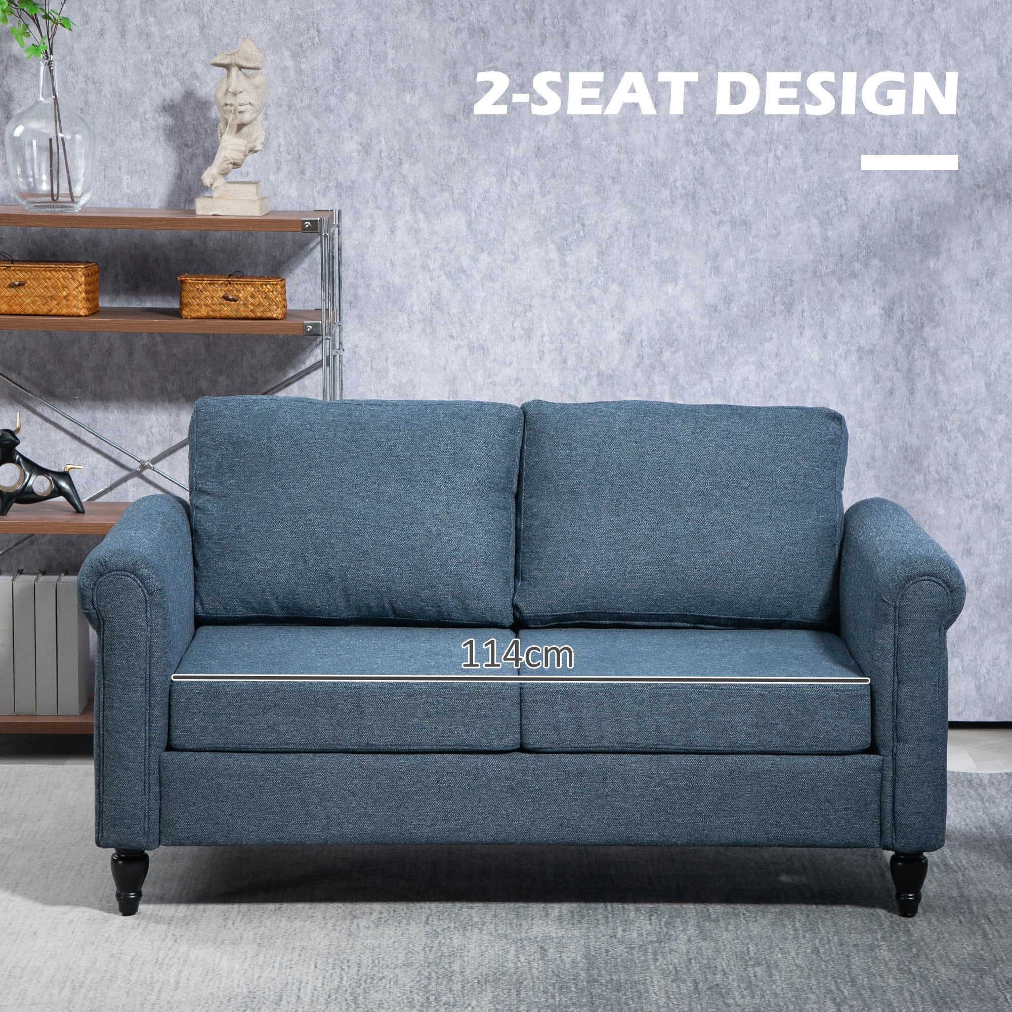 Loveseat Sofa - Dark Blue Rolled Arms 57.9"-DECOROLALA