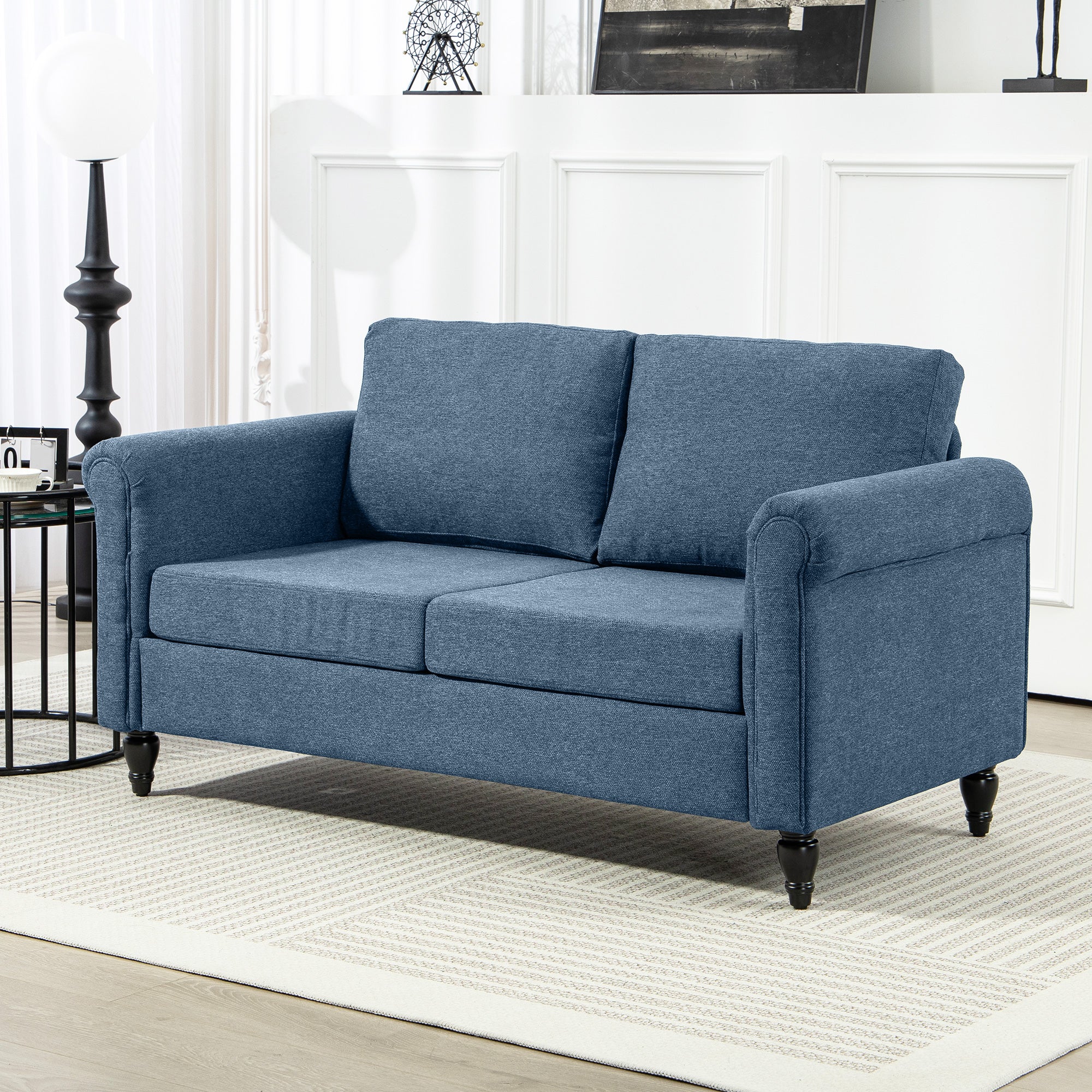 Loveseat Sofa - Dark Blue Rolled Arms 57.9"-DECOROLALA