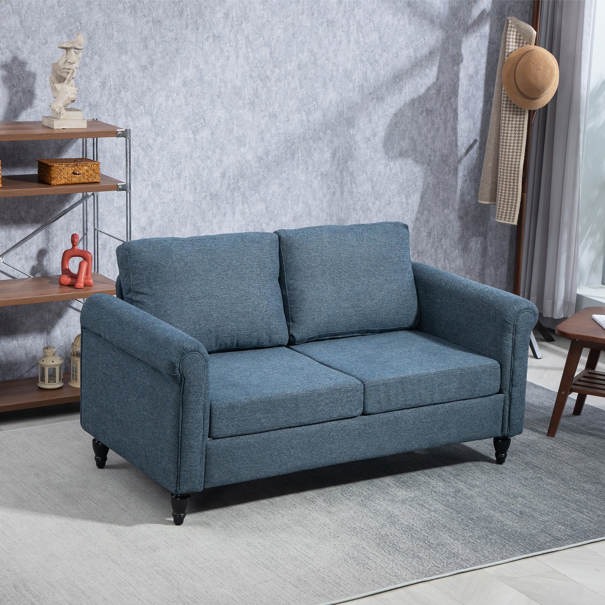 Loveseat Sofa - Dark Blue Rolled Arms 57.9"-DECOROLALA