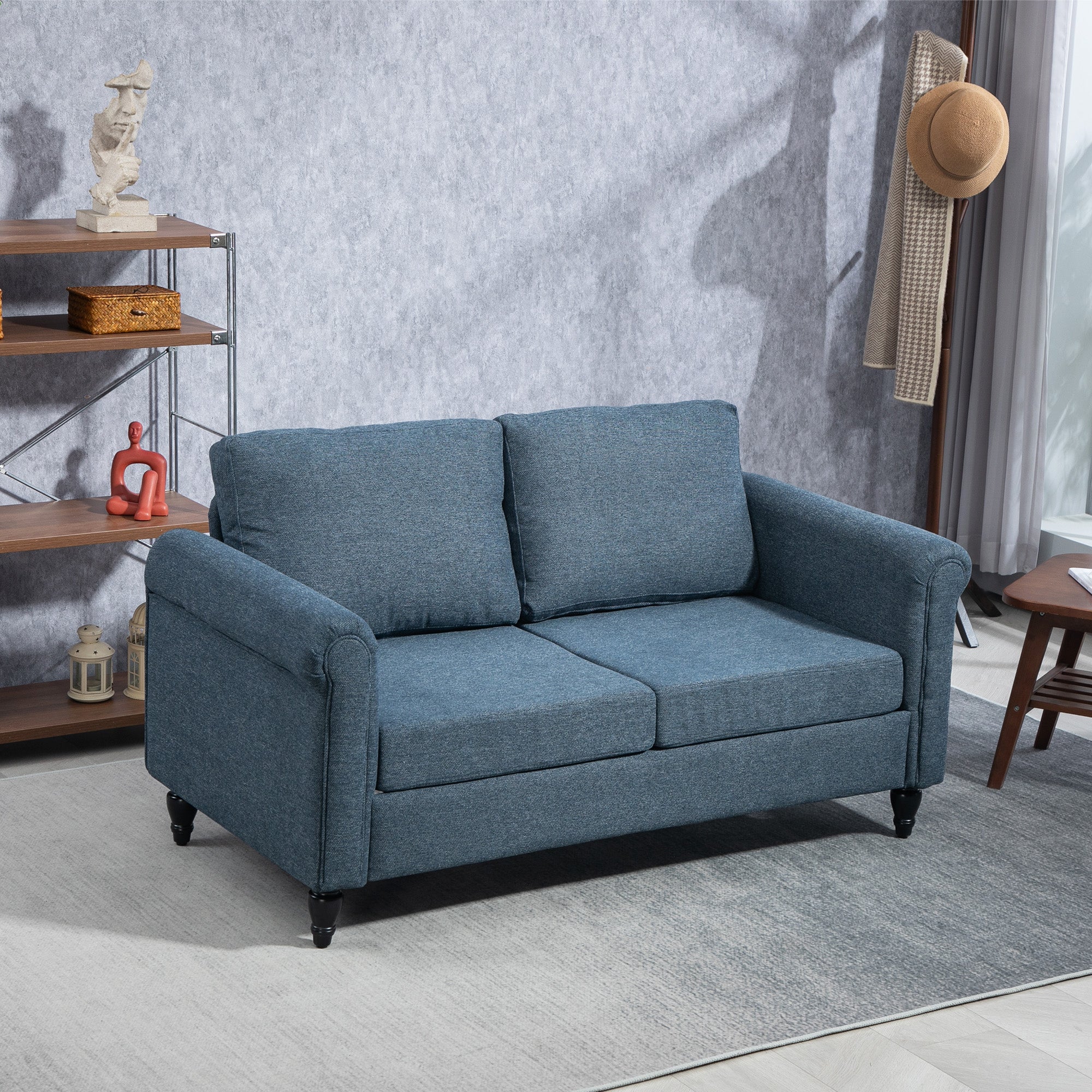 Loveseat Sofa - Dark Blue Rolled Arms 57.9"-DECOROLALA