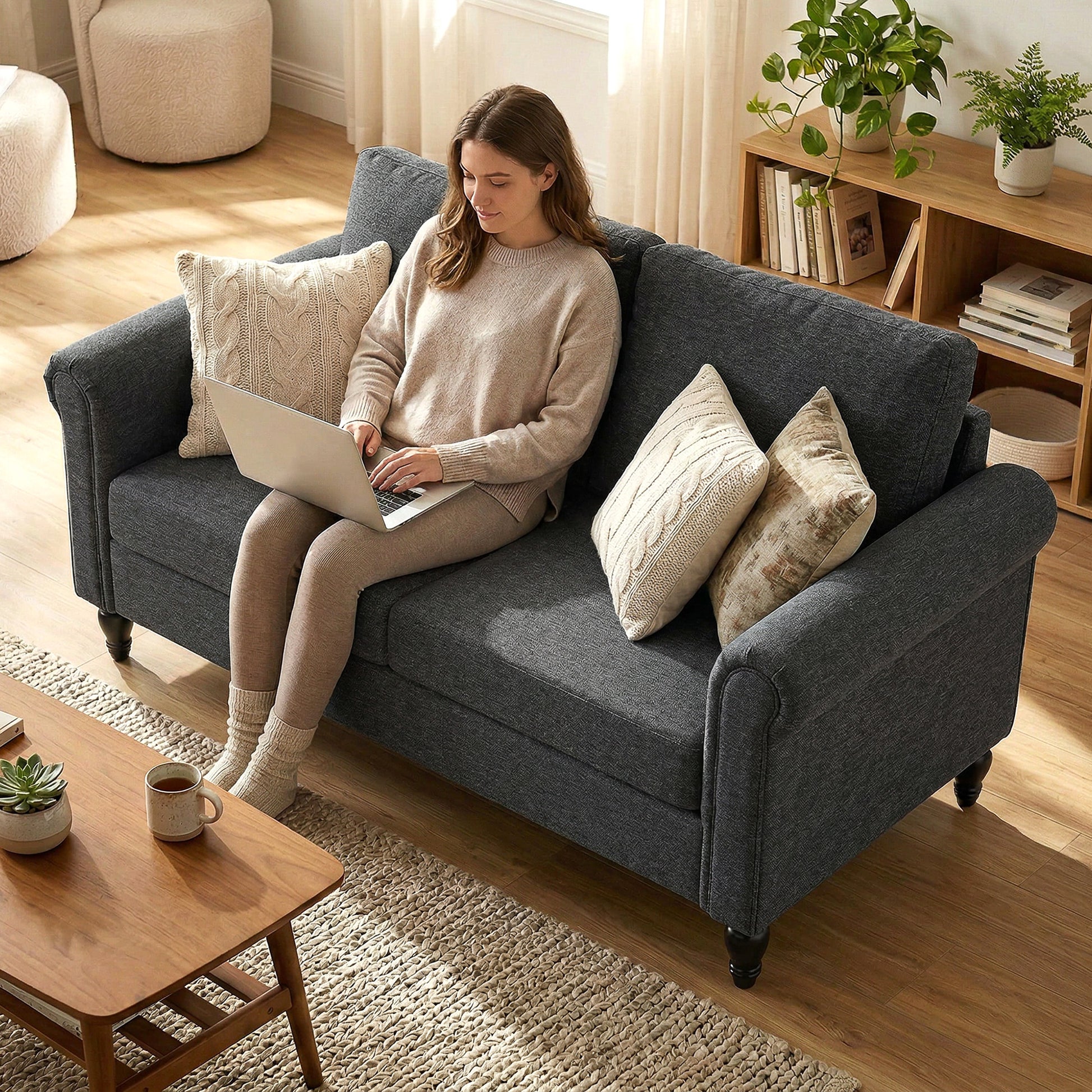Loveseat Sofa - Dark Grey Chenille 57.9"-DECOROLALA