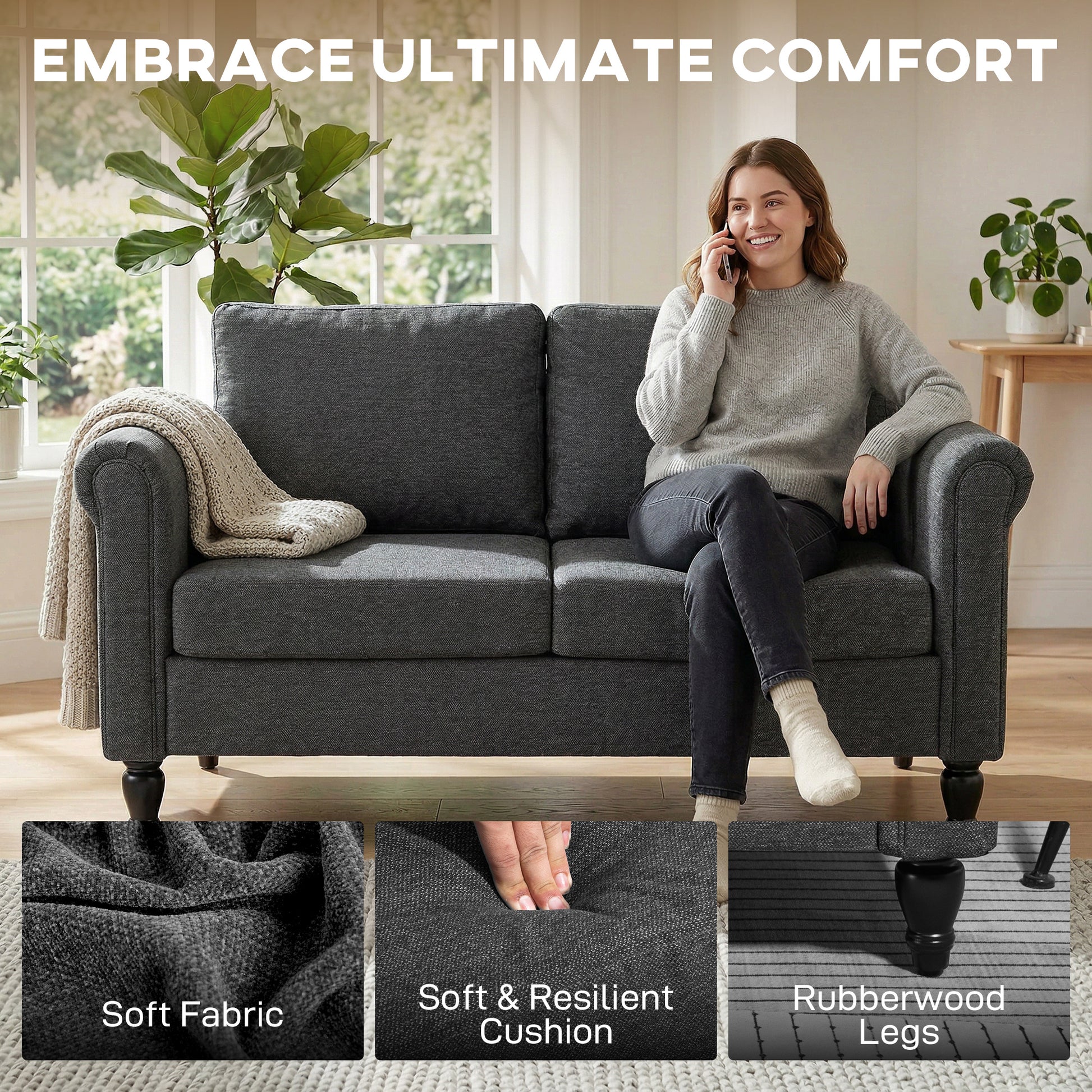 Loveseat Sofa - Dark Grey Chenille 57.9"-DECOROLALA