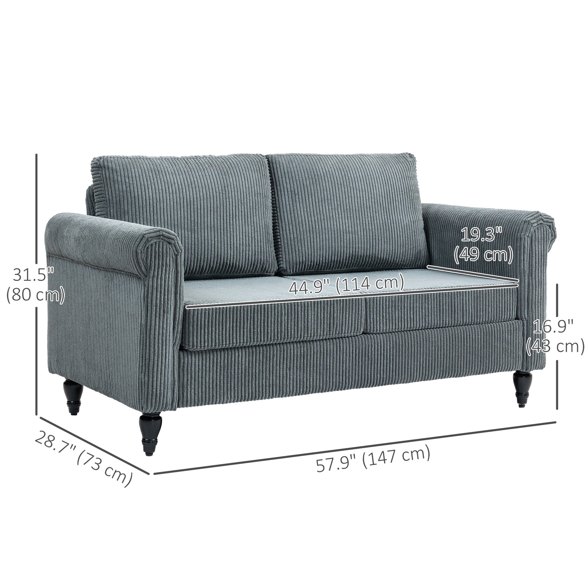 Loveseat Sofa - Grey Corduroy 2 Seater-DECOROLALA