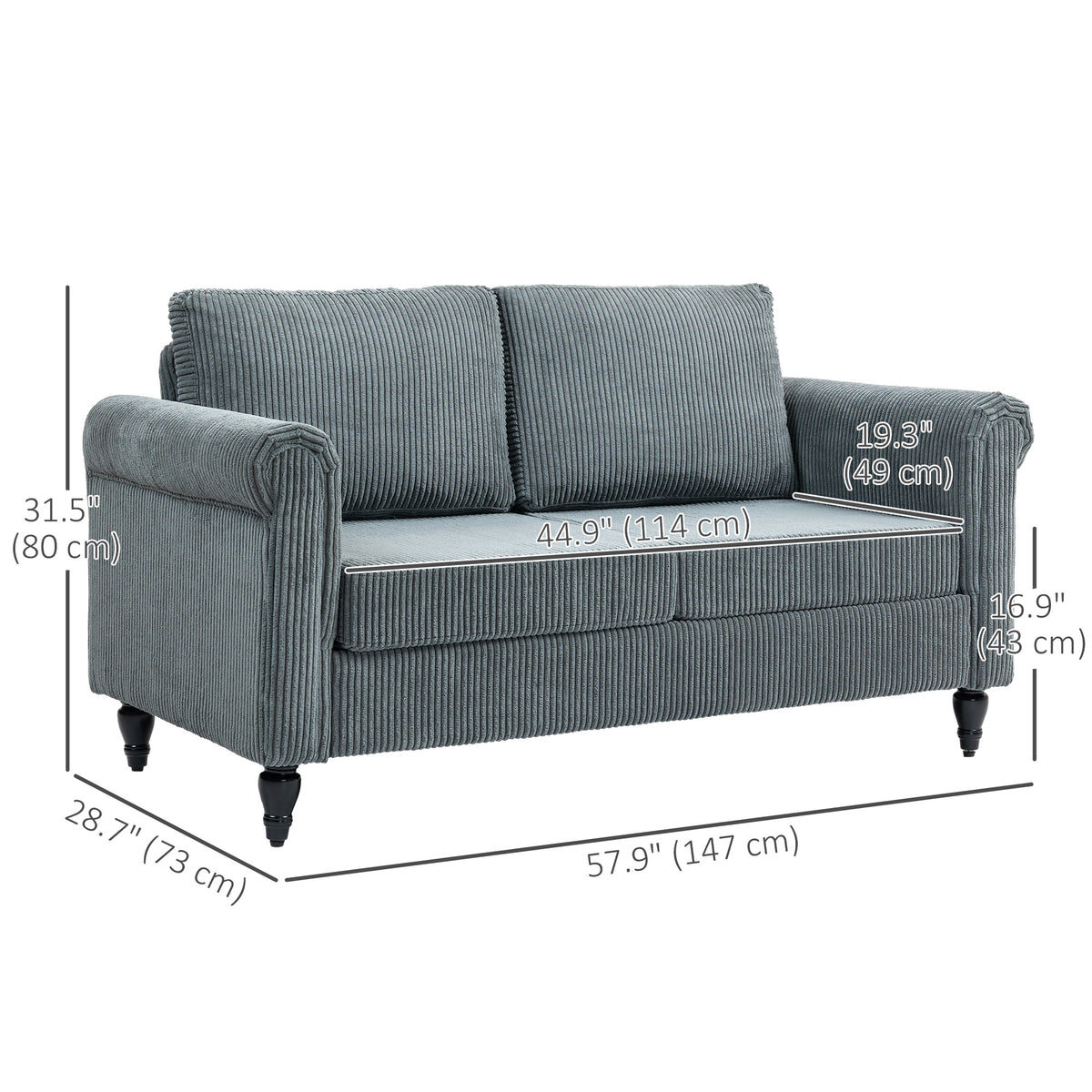 Loveseat Sofa - Grey Corduroy 2 Seater-DECOROLALA