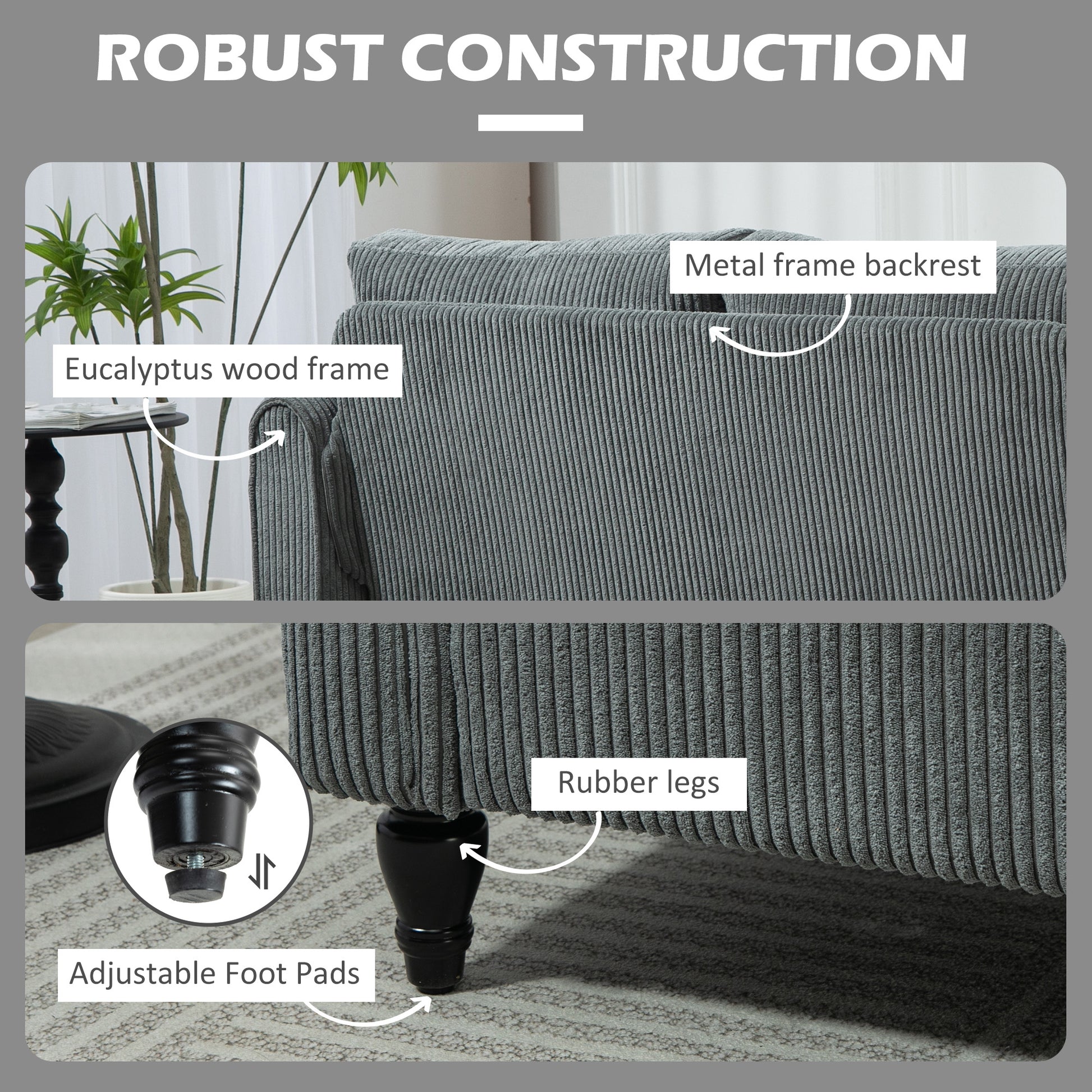 Loveseat Sofa - Grey Corduroy 2 Seater-DECOROLALA