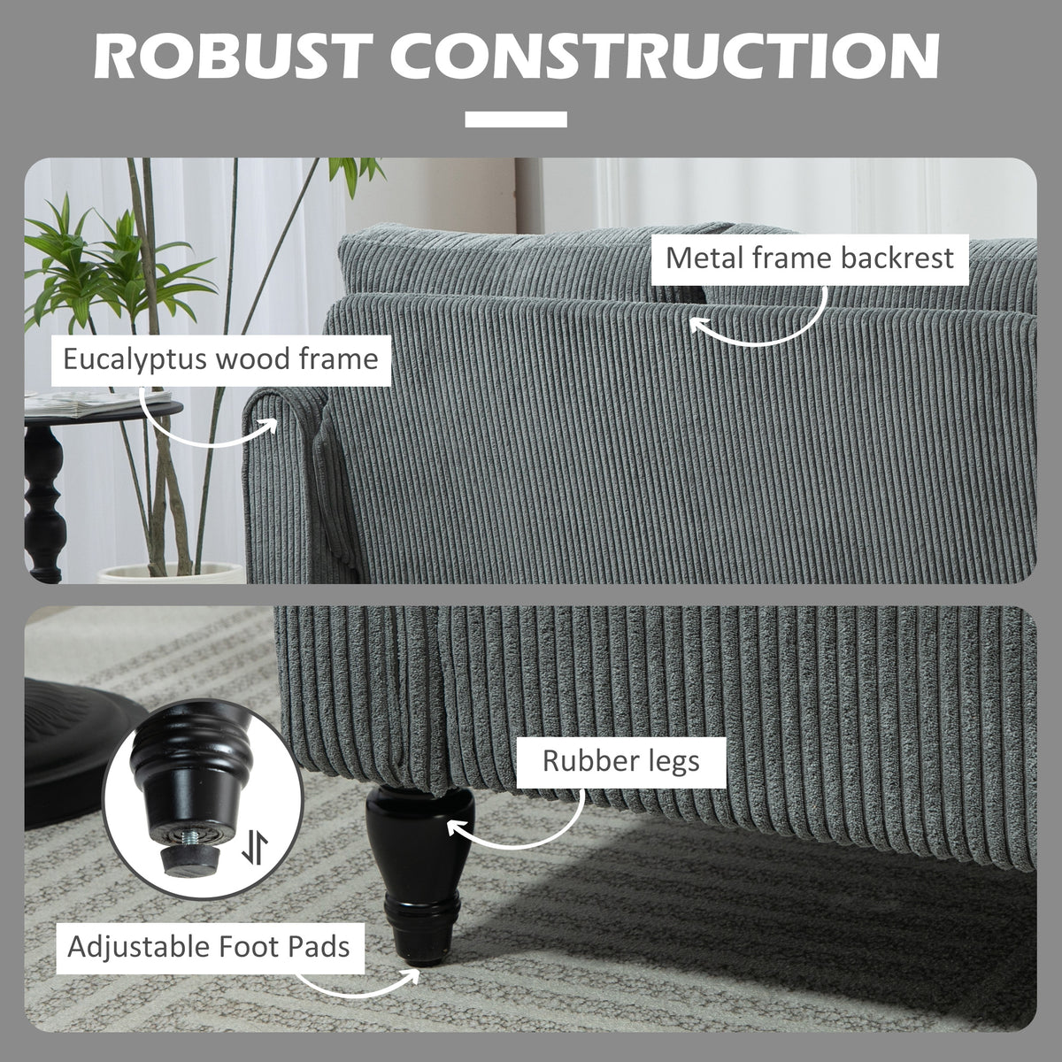 Loveseat Sofa - Grey Corduroy 2 Seater-DECOROLALA