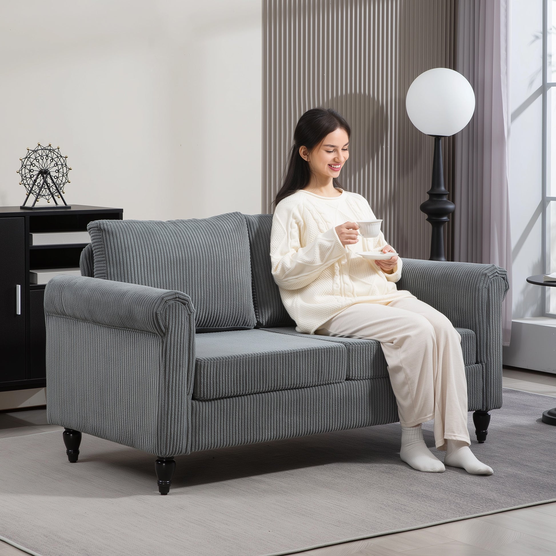 Loveseat Sofa - Grey Corduroy 2 Seater-DECOROLALA