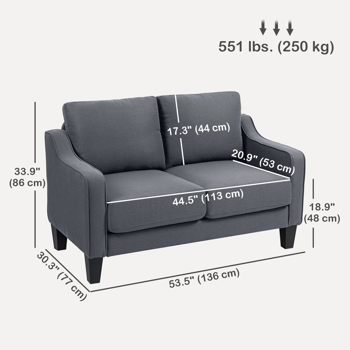 Loveseat Sofa - Linen Pocket Spring Charcoal Grey 53.5"-DECOROLALA