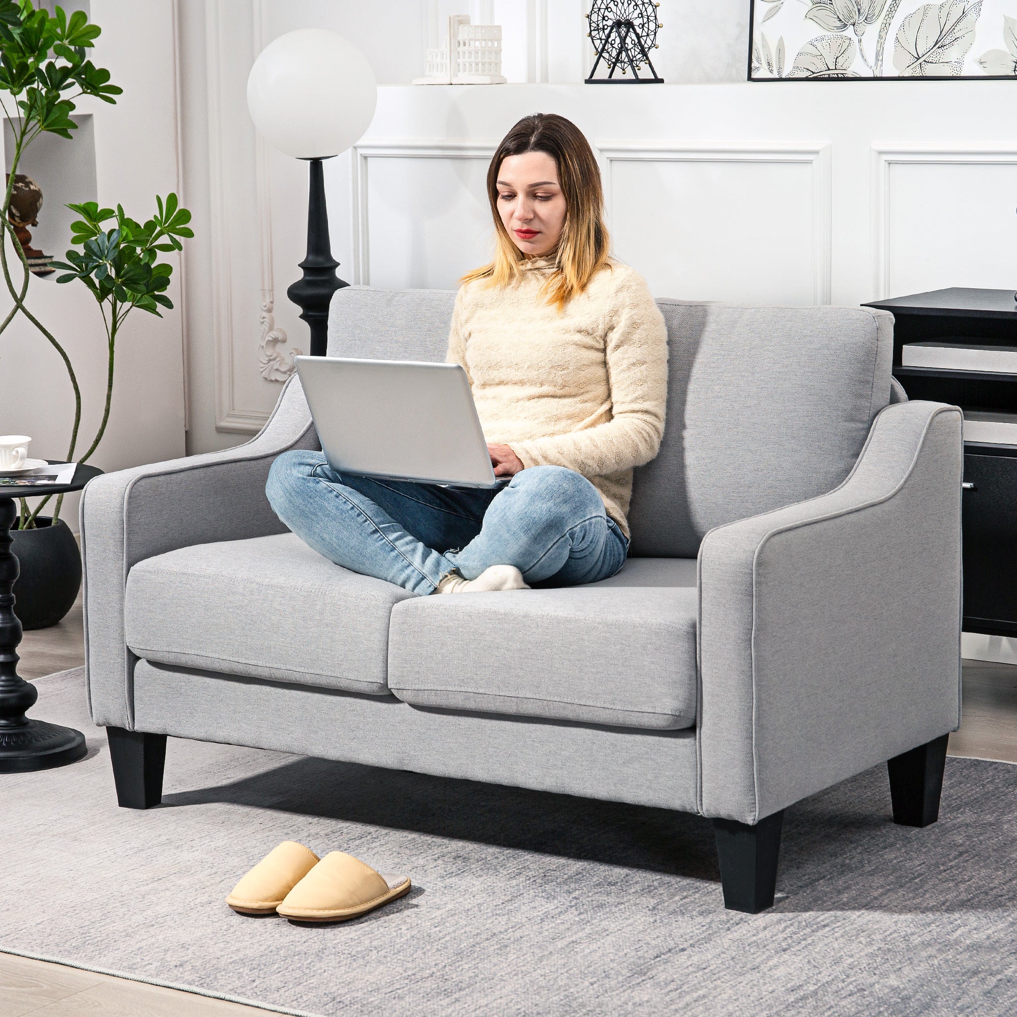 Loveseat Sofa Pocket Spring Light Grey Linen-DECOROLALA