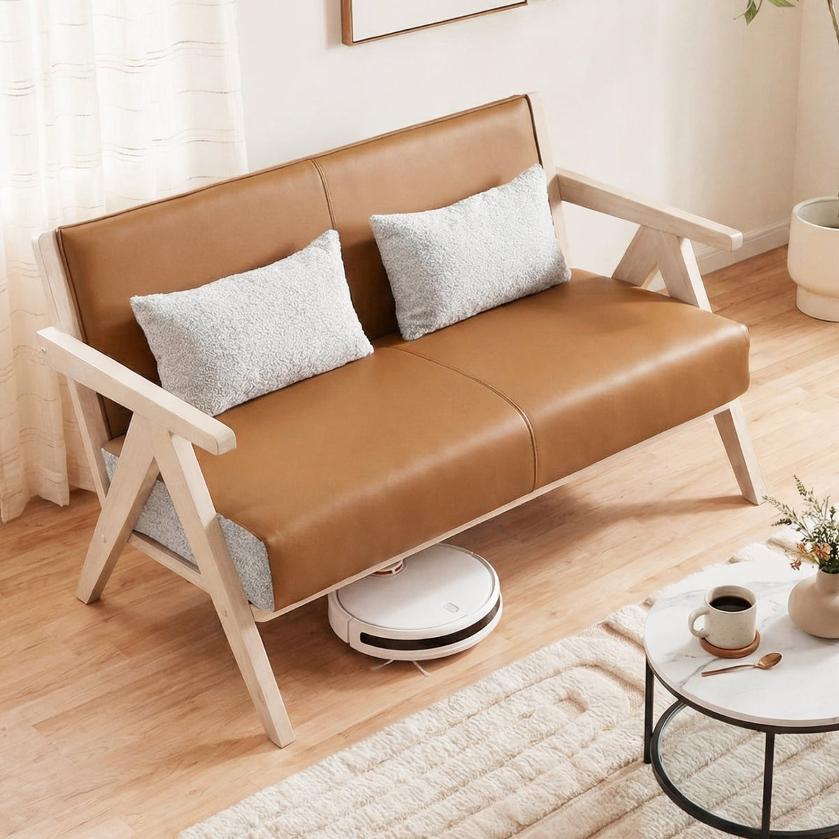 Loveseat Sofa for Small Spaces - Brown Wood Frame & Leather-Sofas & Loveseats-DECOROLALA