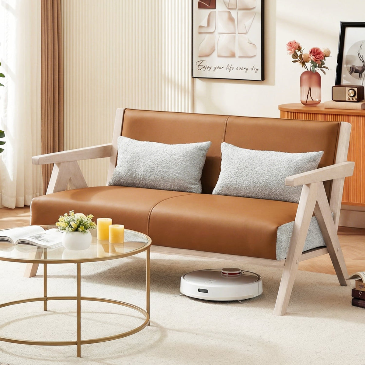 Loveseat Sofa for Small Spaces - Brown Wood Frame & Leather-Sofas & Loveseats-DECOROLALA