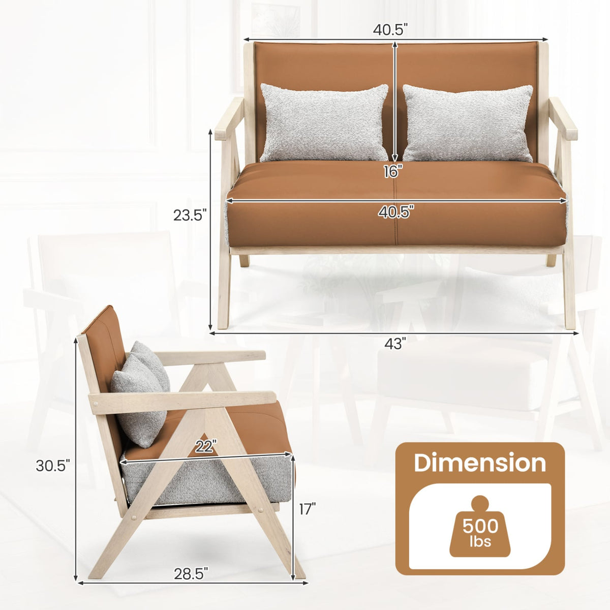 Loveseat Sofa for Small Spaces - Brown Wood Frame & Leather-Sofas & Loveseats-DECOROLALA