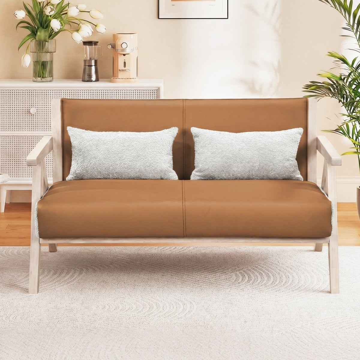 Loveseat Sofa for Small Spaces - Brown Wood Frame & Leather-Sofas & Loveseats-DECOROLALA