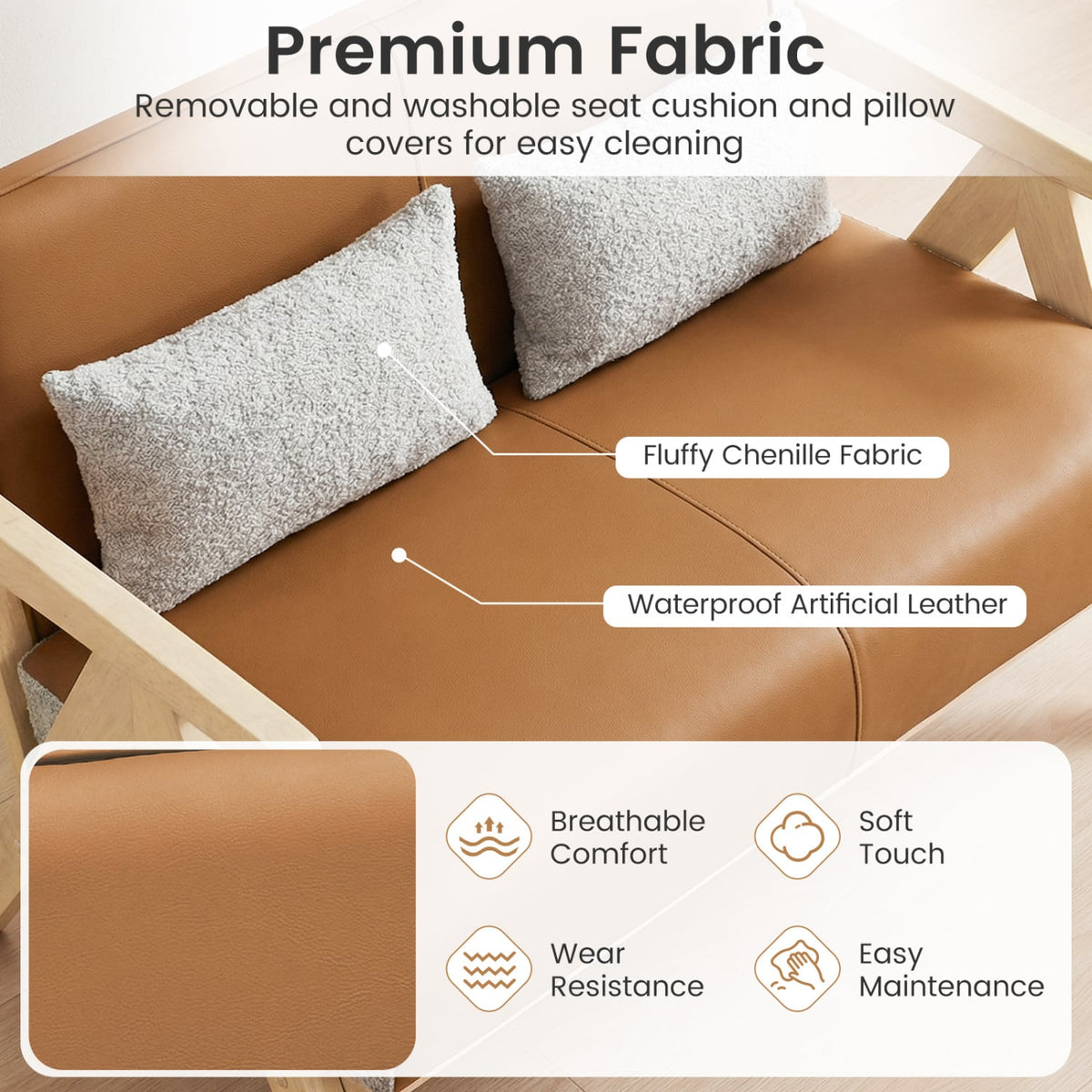Loveseat Sofa for Small Spaces - Brown Wood Frame & Leather-Sofas & Loveseats-DECOROLALA