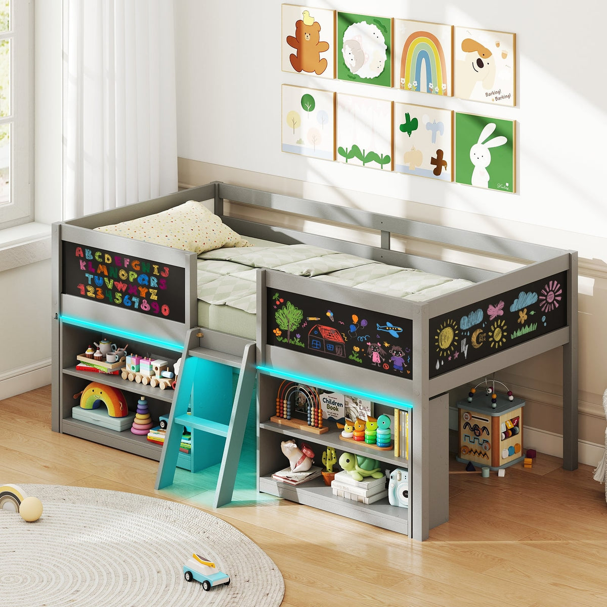 Low Loft Bed with LED Lights Kid's Cabin Bed with Bookcases-Gray-Simple Bed Frame-DECOROLALA