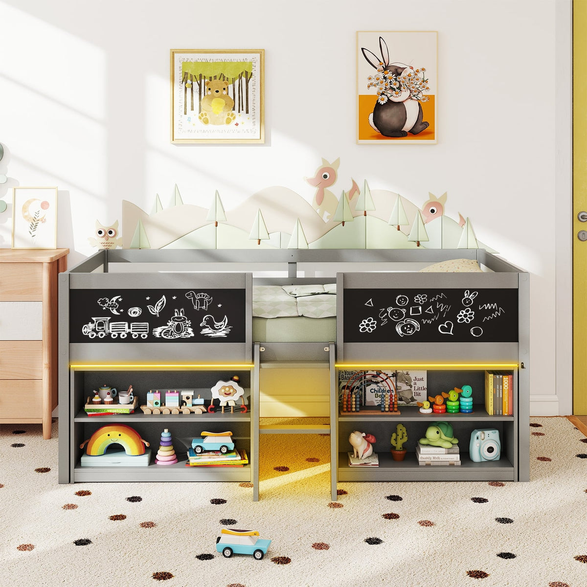 Low Loft Bed with LED Lights Kid's Cabin Bed with Bookcases-Gray-Simple Bed Frame-DECOROLALA
