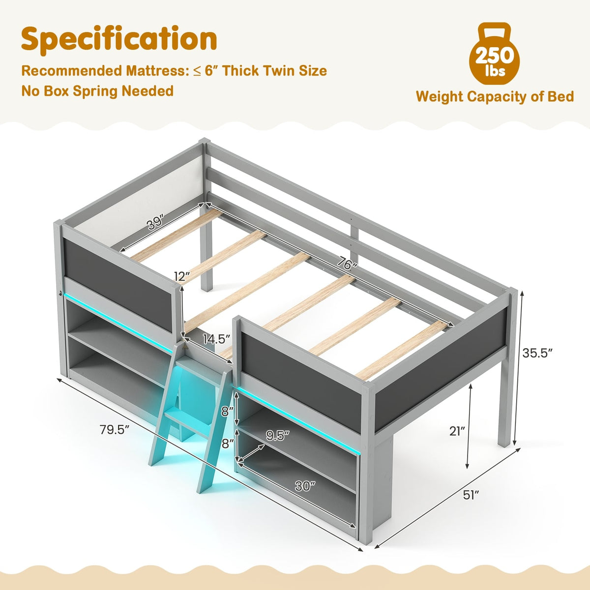 Low Loft Bed with LED Lights Kid's Cabin Bed with Bookcases-Gray-Simple Bed Frame-DECOROLALA