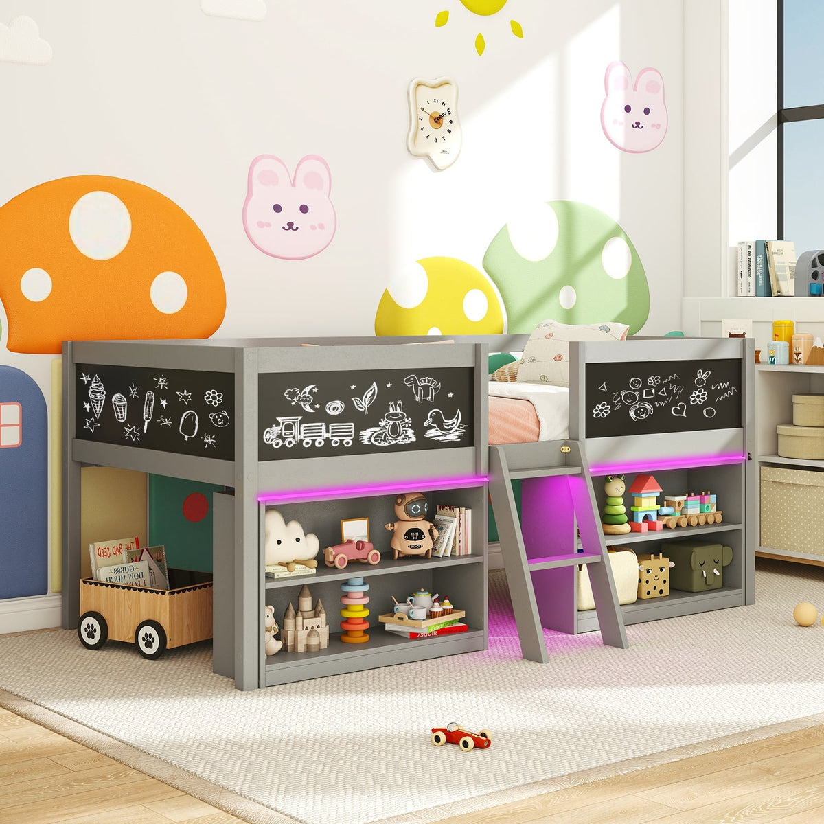 Low Loft Bed with LED Lights Kid's Cabin Bed with Bookcases-Gray-Simple Bed Frame-DECOROLALA