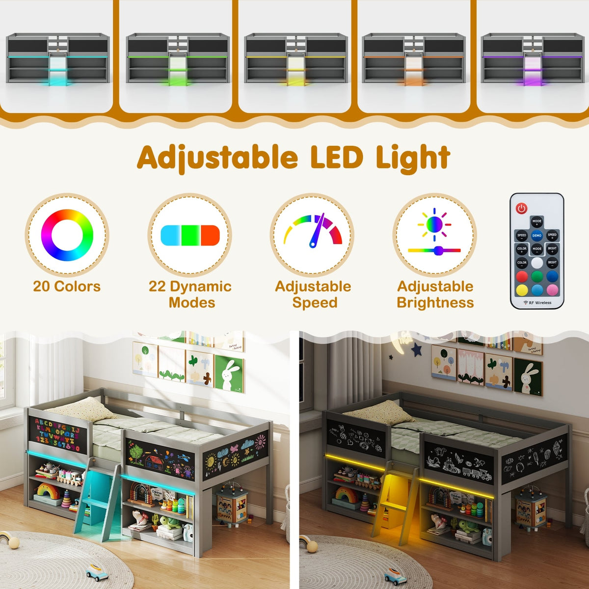 Low Loft Bed with LED Lights Kid's Cabin Bed with Bookcases-Gray-Simple Bed Frame-DECOROLALA