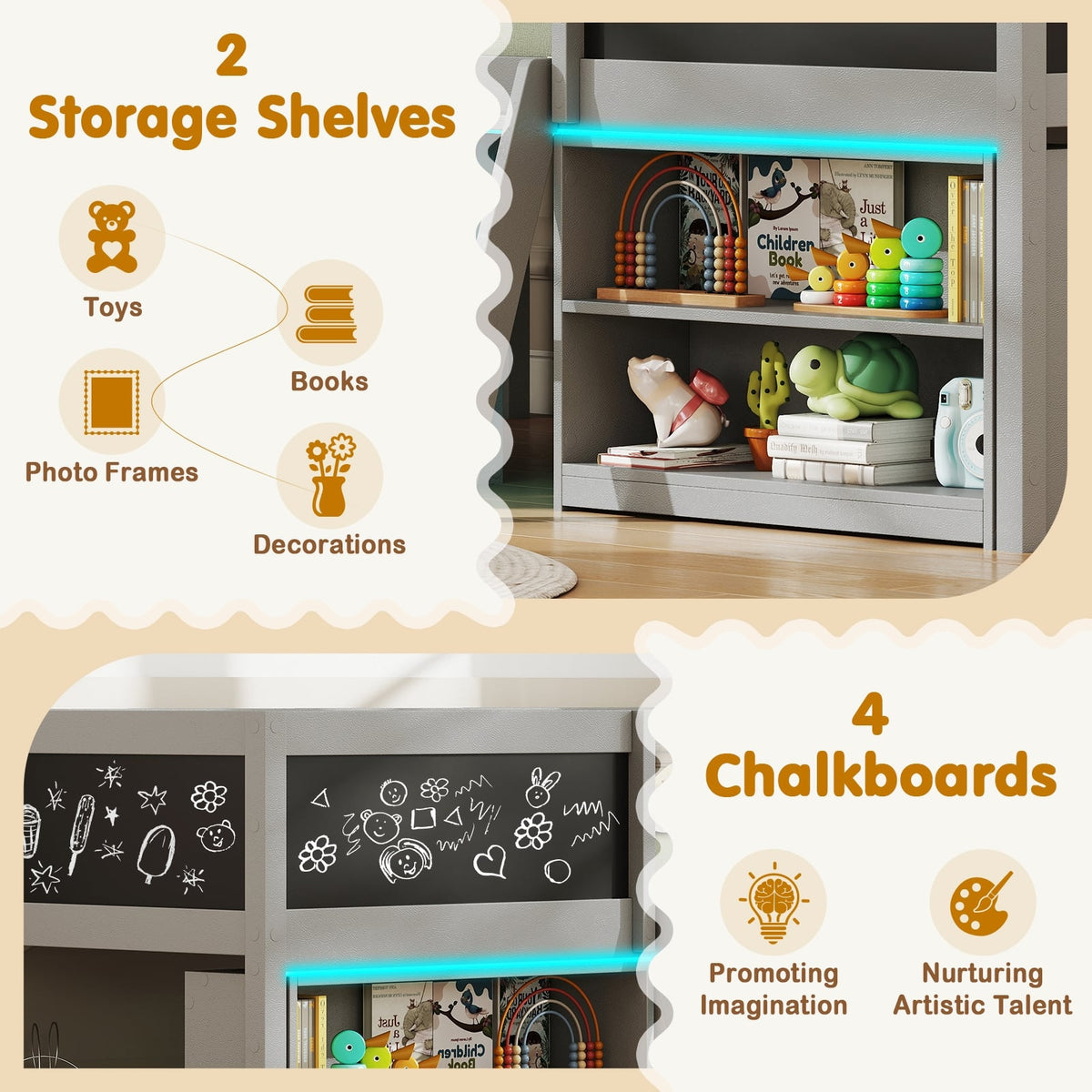 Low Loft Bed with LED Lights Kid's Cabin Bed with Bookcases-Gray-Simple Bed Frame-DECOROLALA