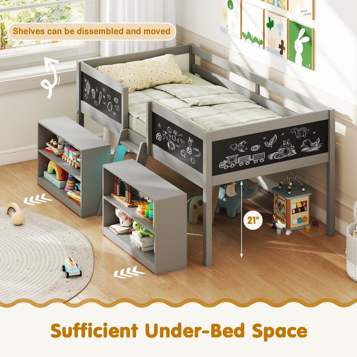 Low Loft Bed with LED Lights Kid's Cabin Bed with Bookcases-Gray-Simple Bed Frame-DECOROLALA
