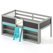 Low Loft Bed with LED Lights Kid's Cabin Bed with Bookcases-Gray-Simple Bed Frame-DECOROLALA