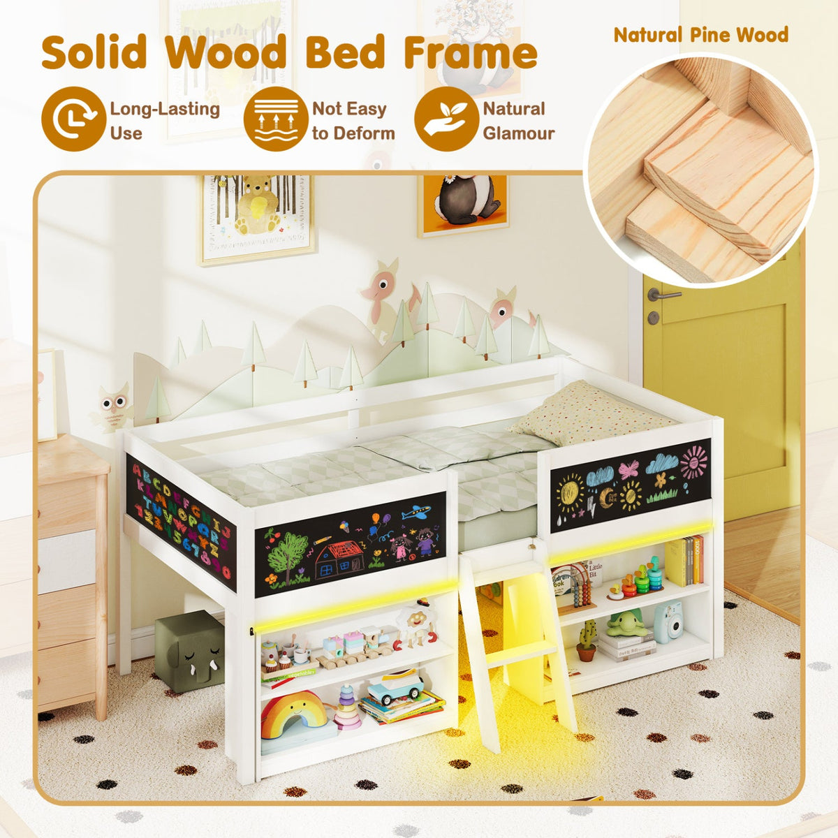 Low Loft Bed with LED Lights Kid's Cabin Bed with Bookcases-Simple Bed Frame-DECOROLALA
