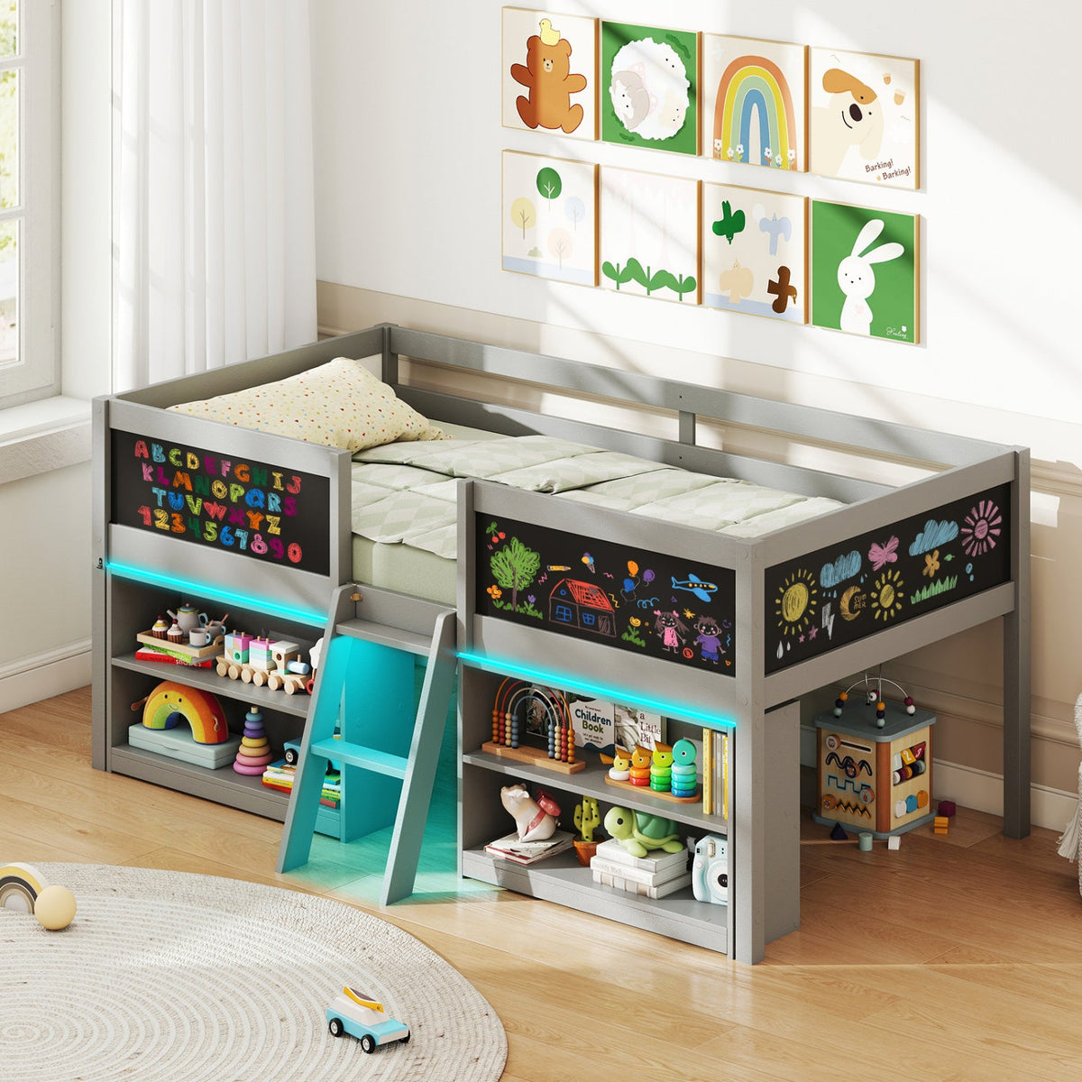 Low Loft Bed with LED Lights Kid's Cabin Bed with Bookcases-Simple Bed Frame-DECOROLALA