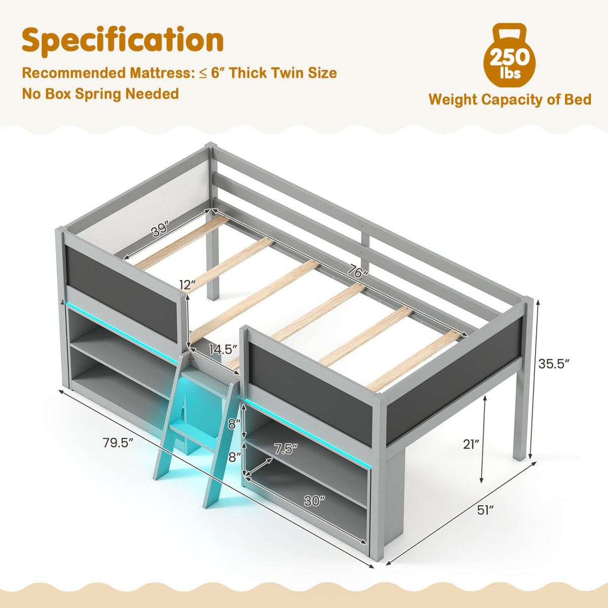 Low Loft Bed with LED Lights Kid's Cabin Bed with Bookcases-Simple Bed Frame-DECOROLALA
