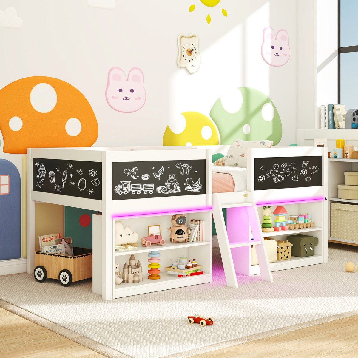 Low Loft Bed with LED Lights Kid's Cabin Bed with Bookcases-Simple Bed Frame-DECOROLALA