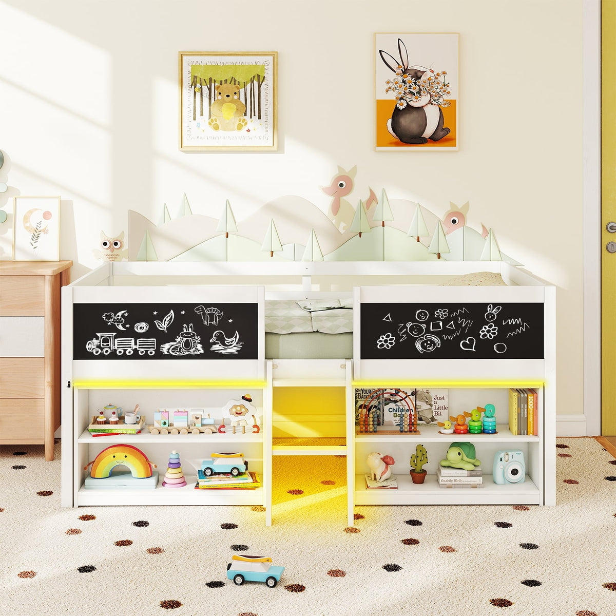 Low Loft Bed with LED Lights Kid's Cabin Bed with Bookcases-White-Simple Bed Frame-DECOROLALA
