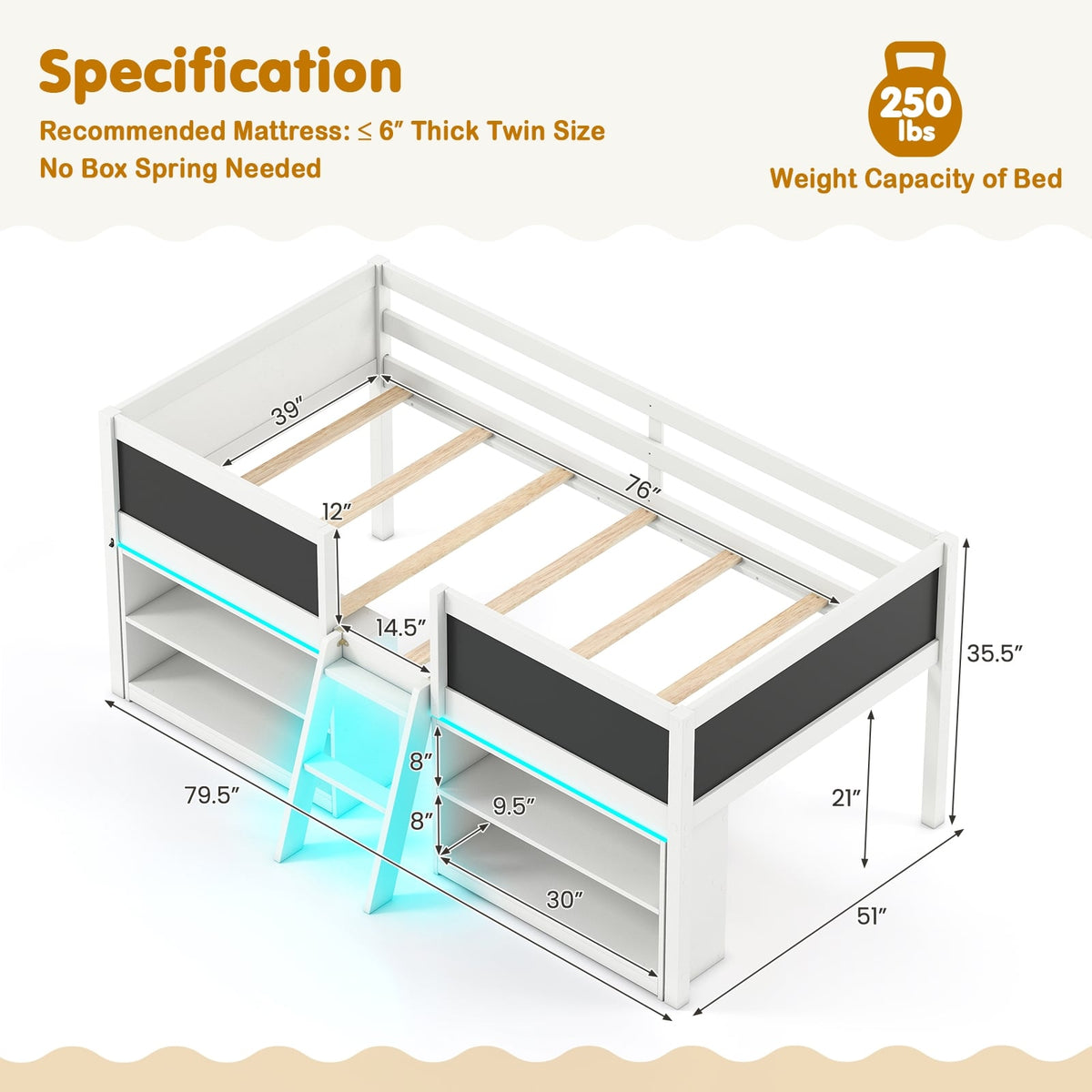 Low Loft Bed with LED Lights Kid's Cabin Bed with Bookcases-White-Simple Bed Frame-DECOROLALA
