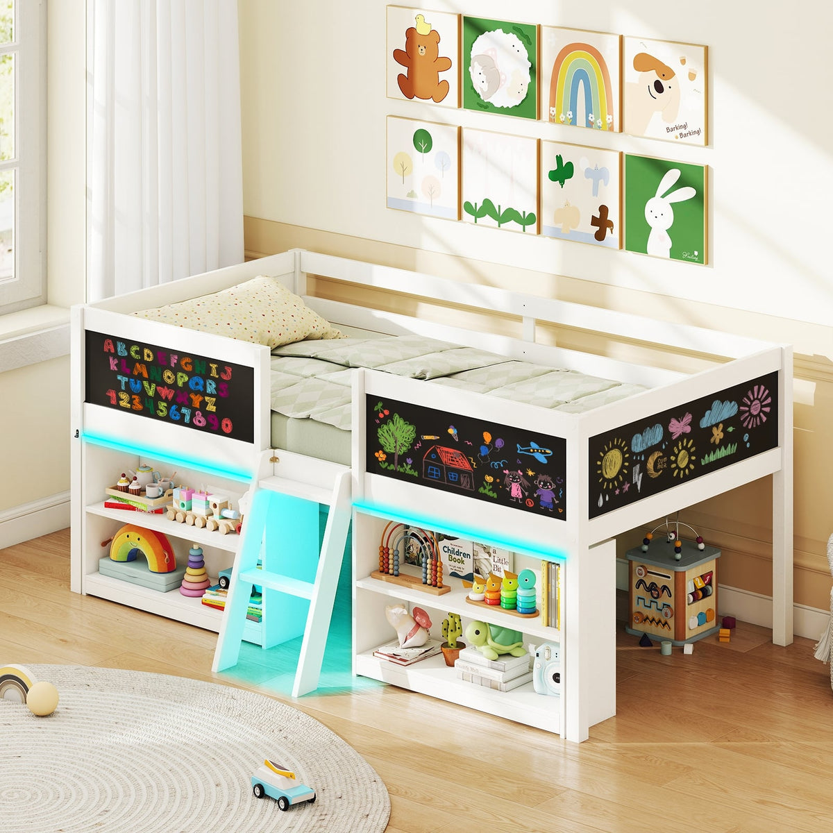 Low Loft Bed with LED Lights Kid's Cabin Bed with Bookcases-White-Simple Bed Frame-DECOROLALA