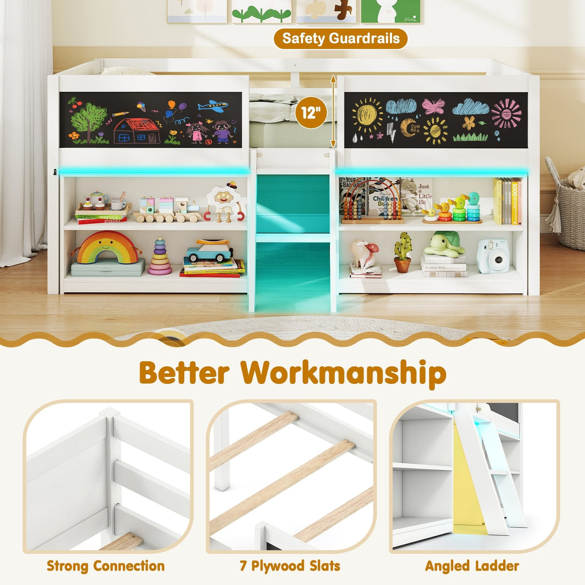 Low Loft Bed with LED Lights Kid's Cabin Bed with Bookcases-White-Simple Bed Frame-DECOROLALA