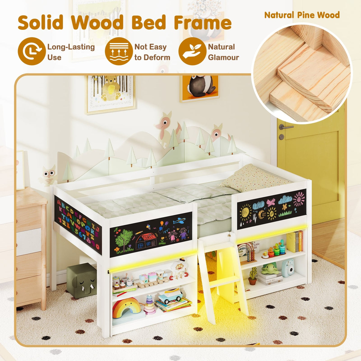 Low Loft Bed with LED Lights Kid's Cabin Bed with Bookcases-White-Simple Bed Frame-DECOROLALA