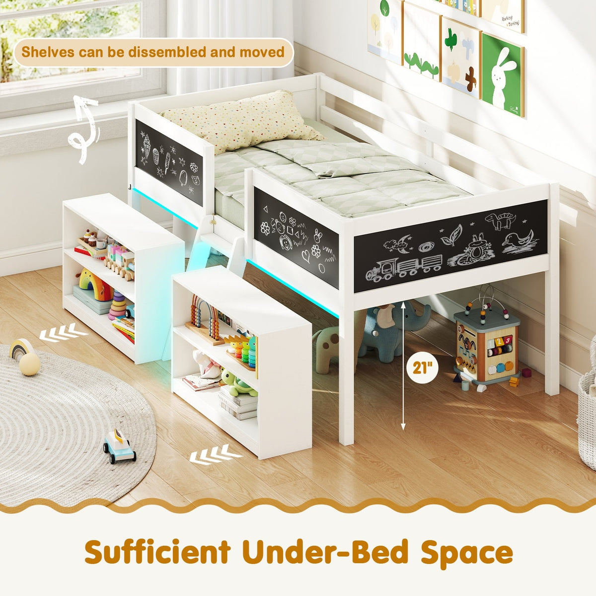 Low Loft Bed with LED Lights Kid's Cabin Bed with Bookcases-White-Simple Bed Frame-DECOROLALA