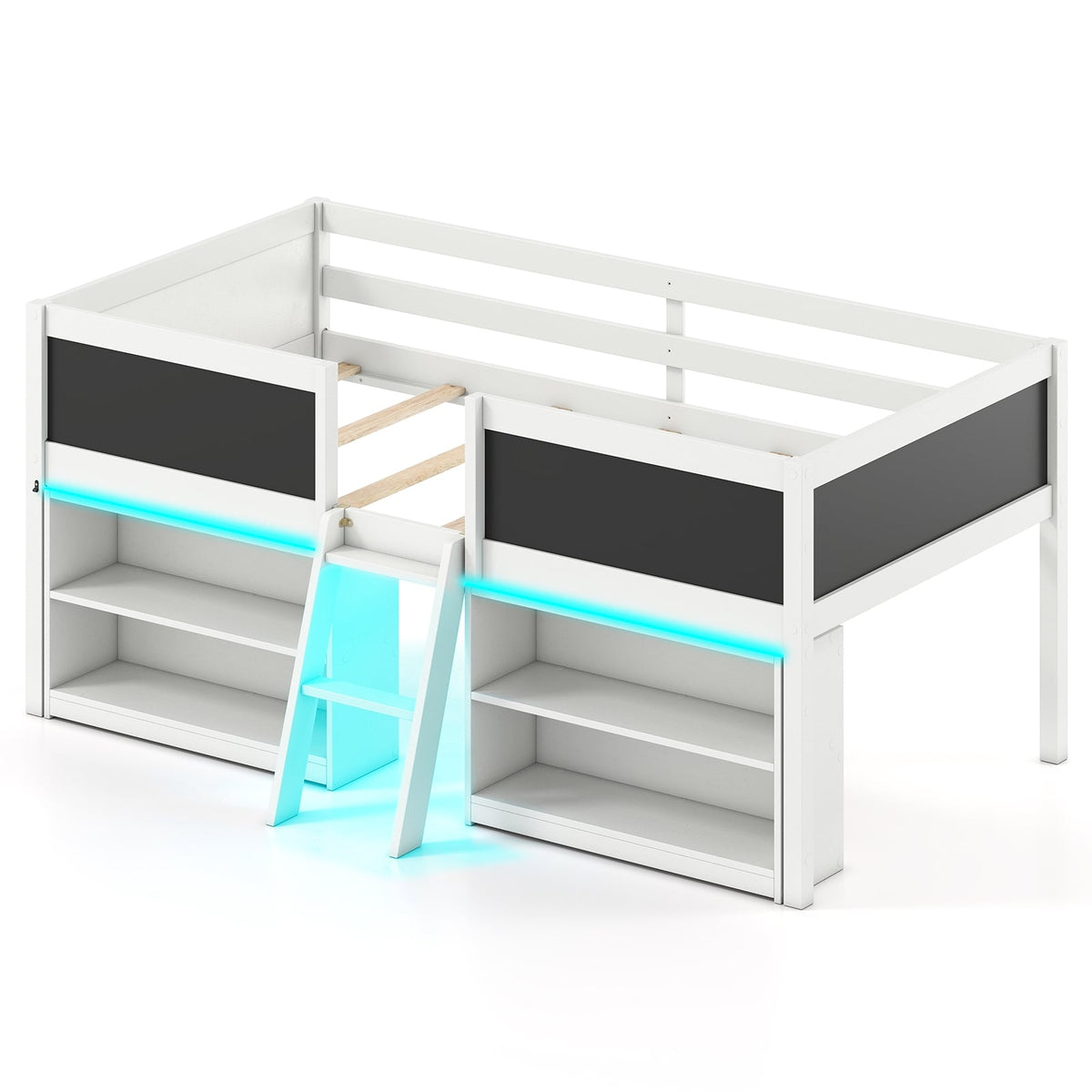 Low Loft Bed with LED Lights Kid's Cabin Bed with Bookcases-White-Simple Bed Frame-DECOROLALA