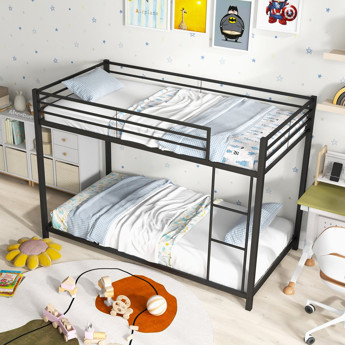 Low Profile Twin Over Twin Metal Bunk Bed - 78" x 41.5" x 54"-Bunk Bed Frame-DECOROLALA