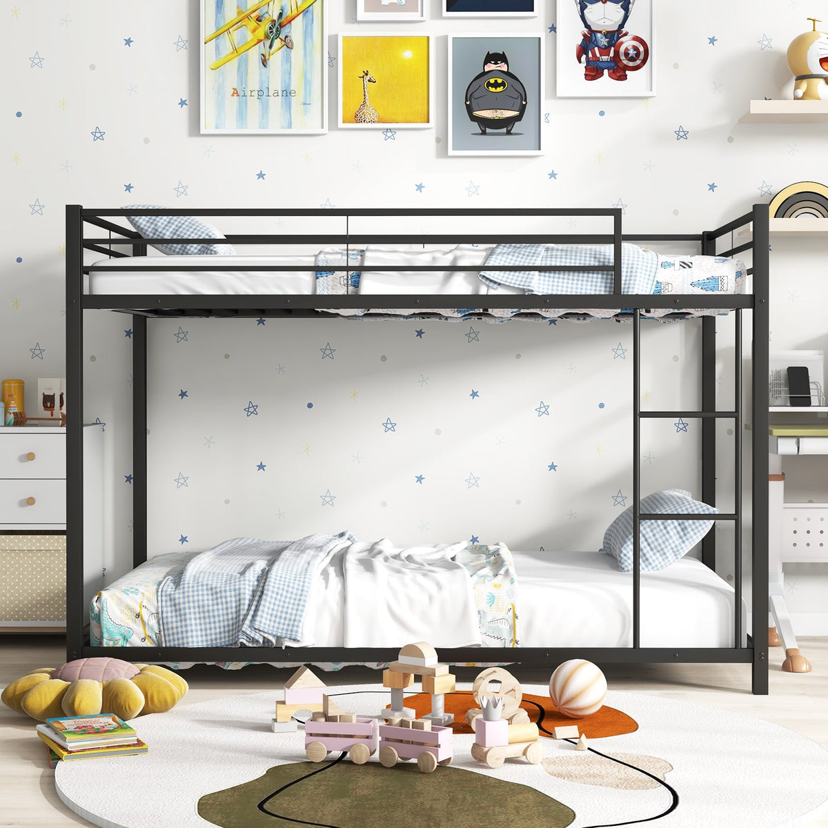 Low Profile Twin Over Twin Metal Bunk Bed with Full-length Guardrails-Bunk Bed Frame-DECOROLALA