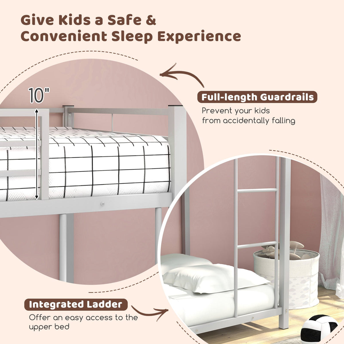 Low Profile Twin Over Twin Metal Bunk Bed with Full-length Guardrails-Bunk Bed Frame-DECOROLALA
