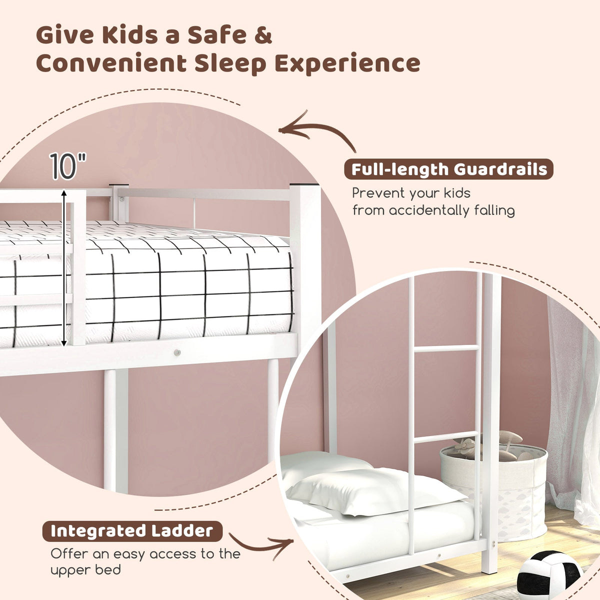 Low Profile Twin Over Twin Metal Bunk Bed with Full-length Guardrails-Bunk Bed Frame-DECOROLALA