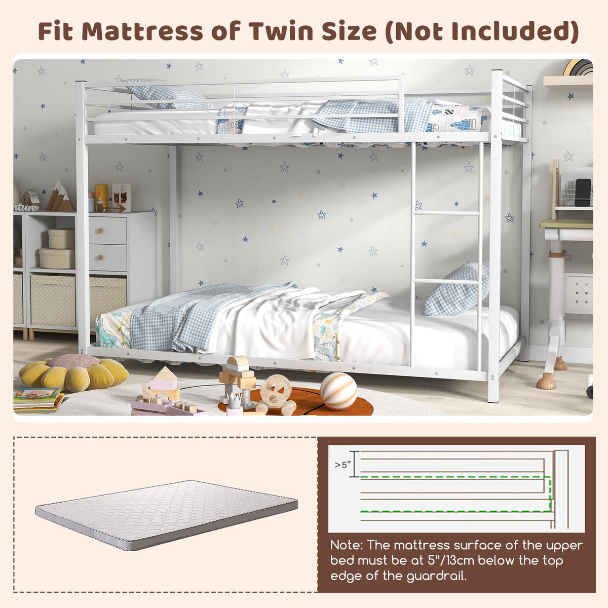 Low Profile Twin Over Twin Metal Bunk Bed with Full-length Guardrails-Bunk Bed Frame-DECOROLALA