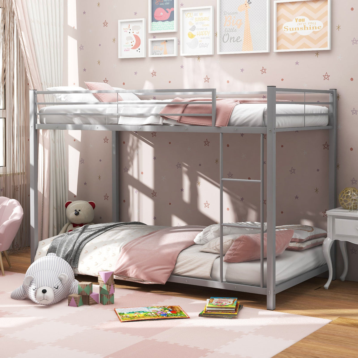 Low Profile Twin Over Twin Metal Bunk Bed with Full-length Guardrails-Bunk Bed Frame-DECOROLALA