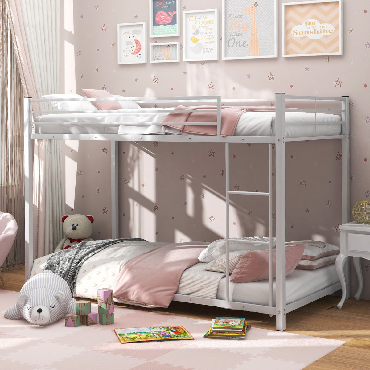 Low Profile Twin Over Twin Metal Bunk Bed with Full-length Guardrails-Bunk Bed Frame-DECOROLALA