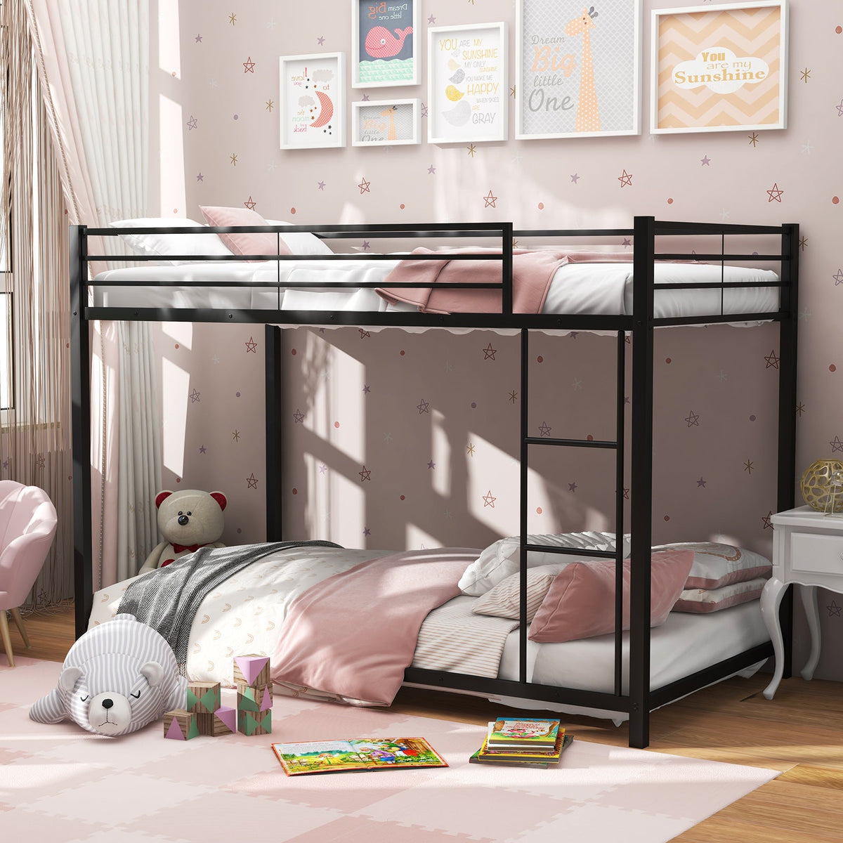 Low Profile Twin Over Twin Metal Bunk Bed with Full-length Guardrails-Bunk Bed Frame-DECOROLALA