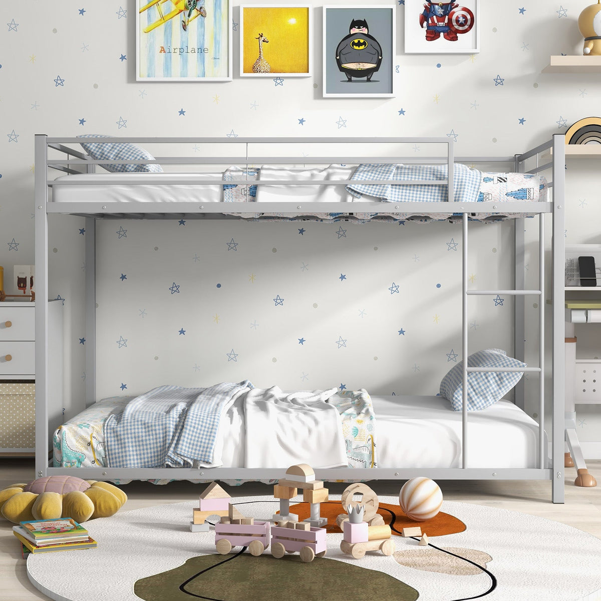 Low Profile Twin Over Twin Metal Bunk Bed with Full-length Guardrails-Bunk Bed Frame-DECOROLALA