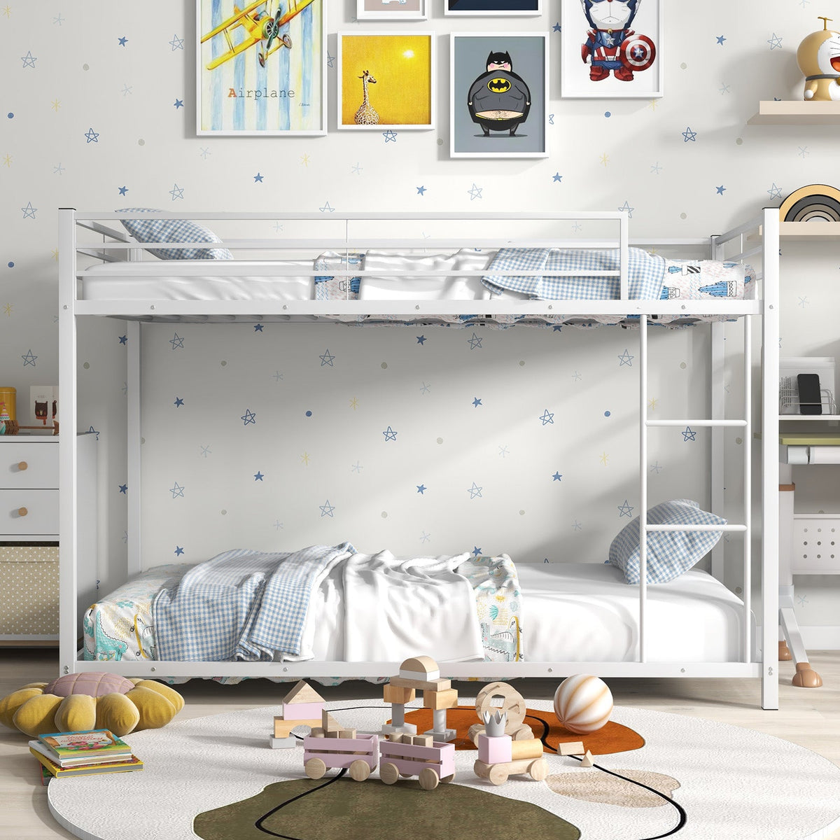 Low Profile Twin Over Twin Metal Bunk Bed with Full-length Guardrails-Bunk Bed Frame-DECOROLALA