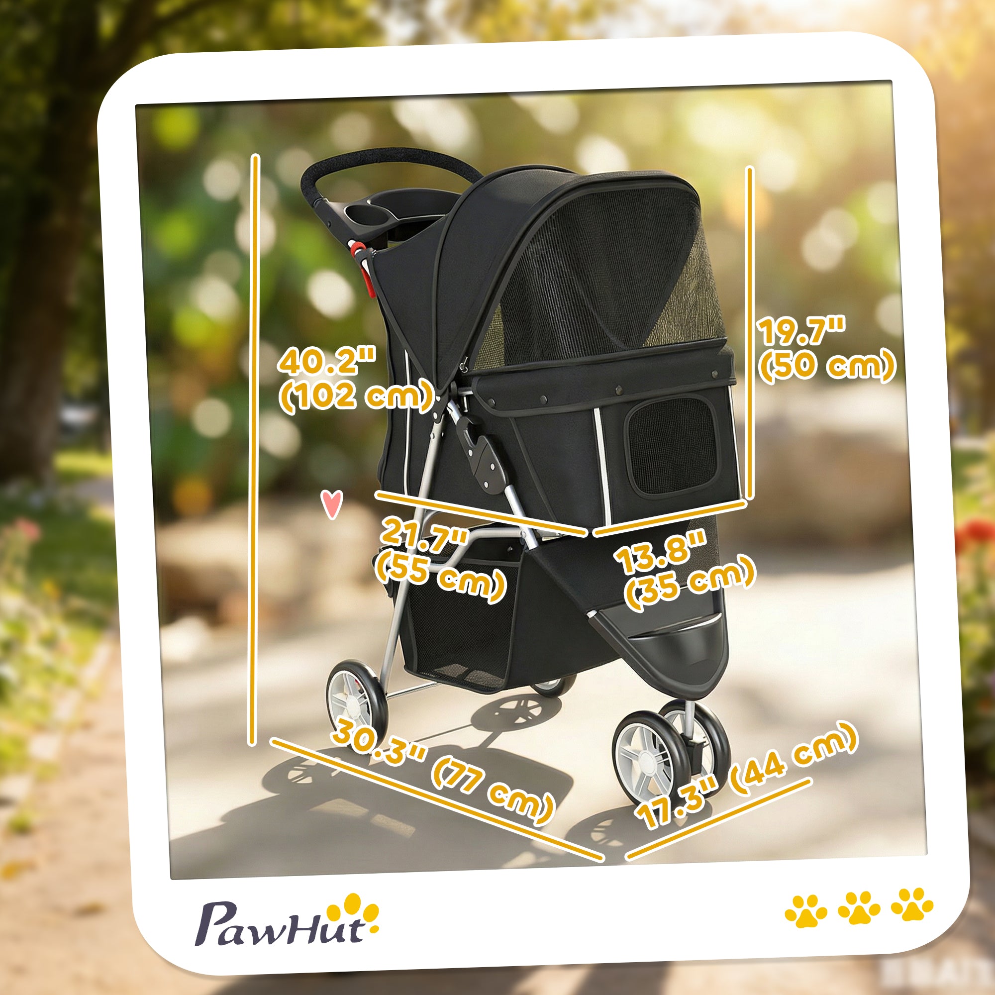 3 Wheels Foldable Dog Stroller with Storage Basket, Adjustable Canopy, Cupholder for Miniature and Small Dogs, Black