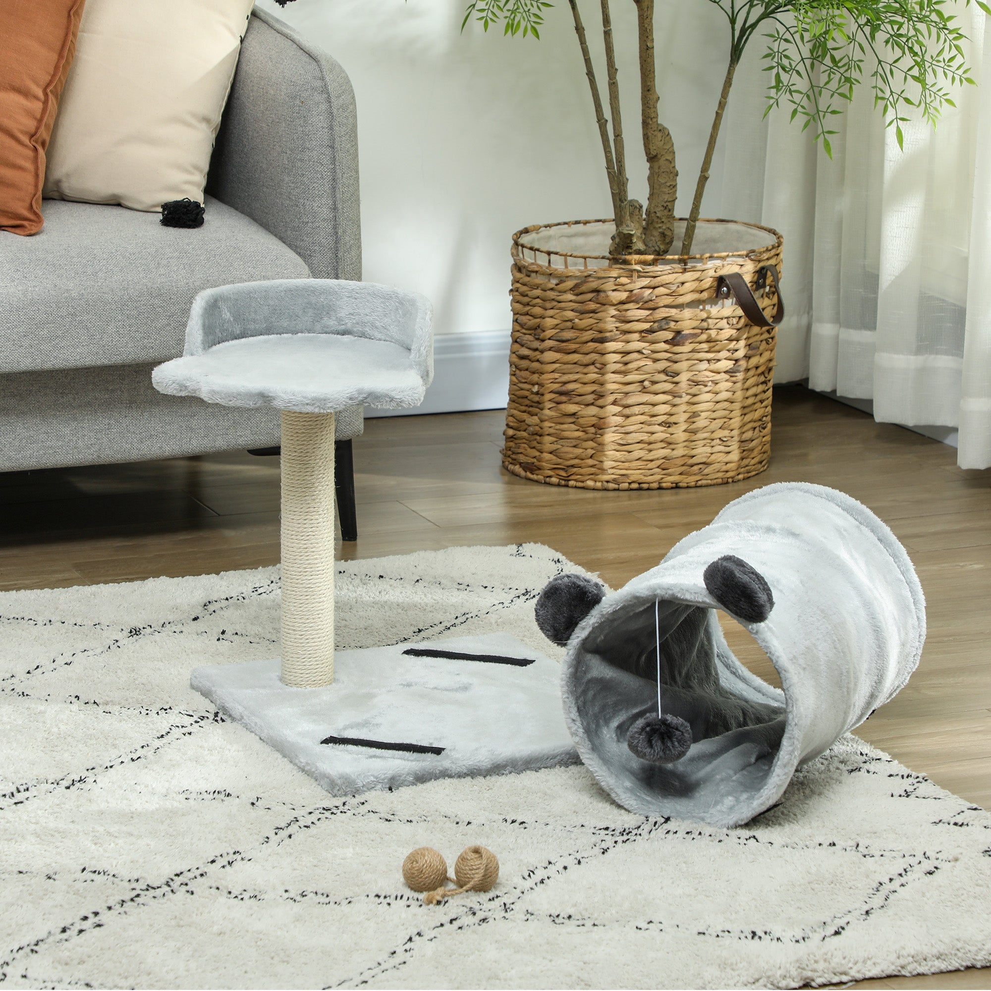 18.5" Small Cat Tree, Compact Cat Tower with Tunnel, Scratching Post, Plush Bed, Dangling Ball, for Indoor Use, Grey